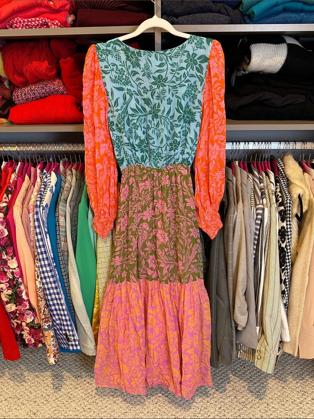 FARM Rio Multicolor Floral long sleeve front cut out v neck midi dress size XS - Picture 3 of 5